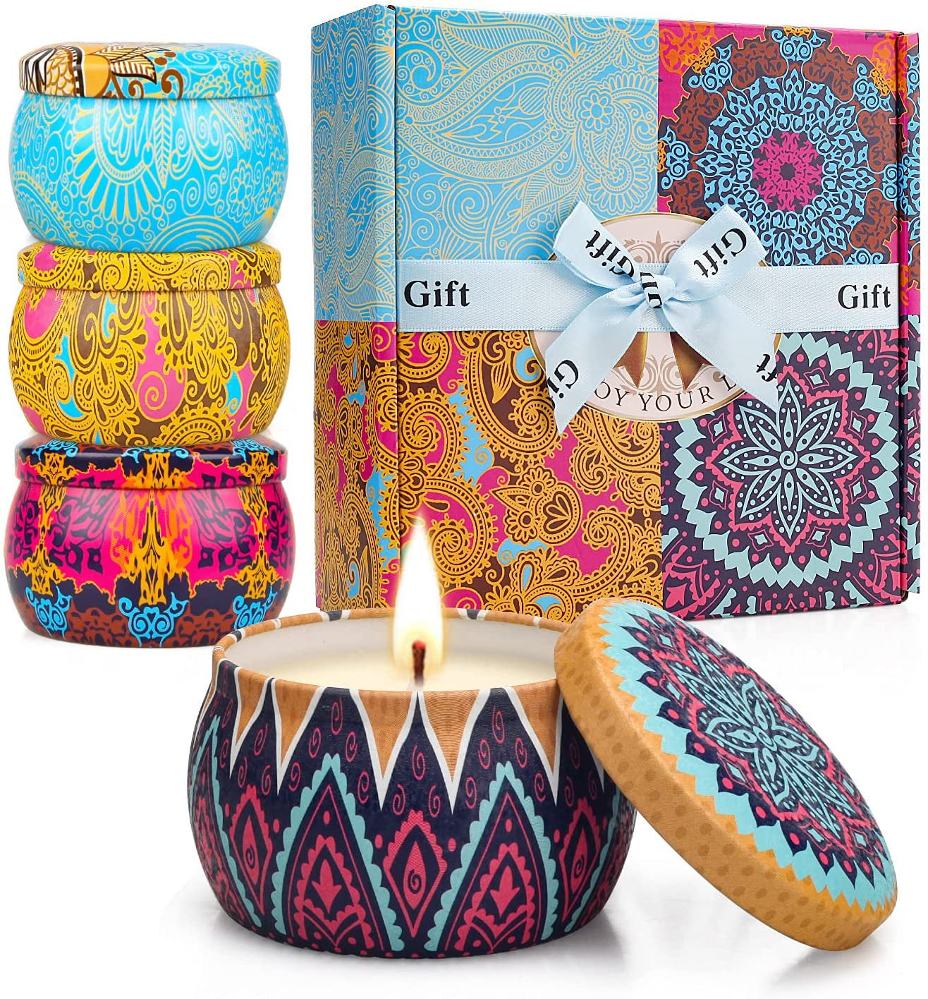 4 Pack Scented Candles Gifts Set for Women, 4.4 Oz Soy Wax Portable Travel & Home Tin Jar Candles with Essential Oils for Bath, Stress Relief, Yoga Aromatherapy Candles with Strong Fragrance