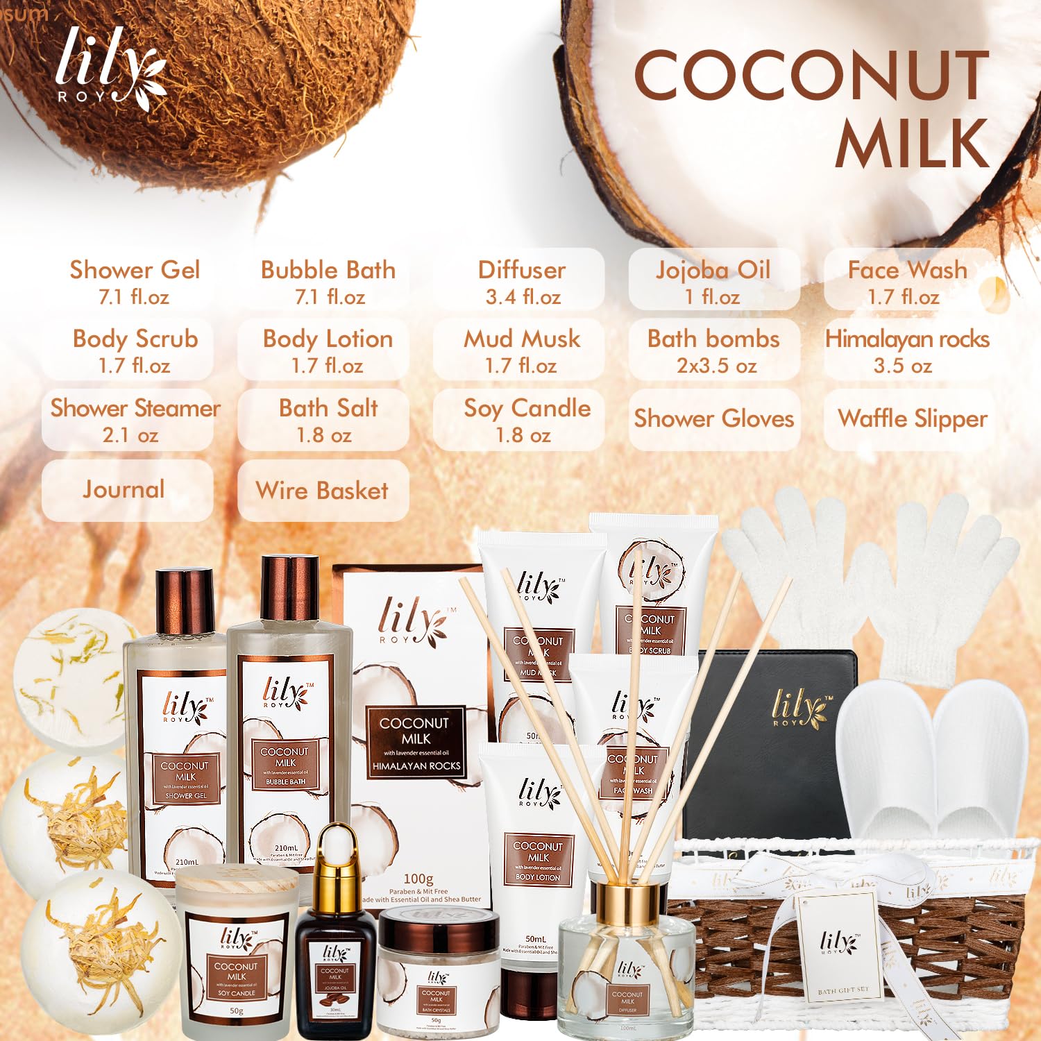 🛁 18-Piece Coconut Spa Gift Basket – Luxurious Bath & Body Set