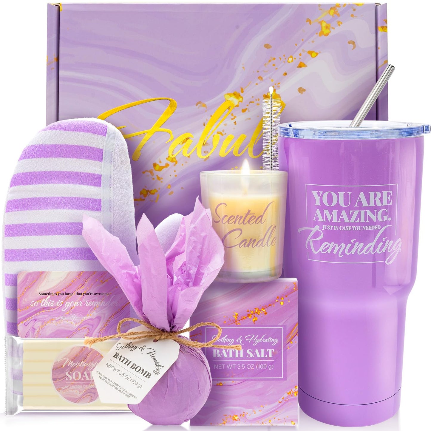 Bath Sets for Women  Gifts Baskets for Women 8Pcs Lavender Bath and Body Sets with 20Oz Vacuum Insulated Tumbler Birthday Mothers Day Gifts