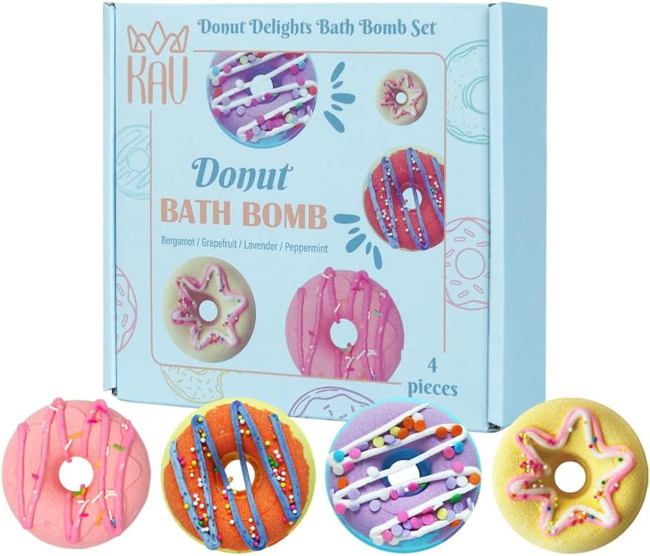 Bath Bombs, 4 Donut Bath Bomb Gift Set, Natural Organic Bubble Bathbombs for Women, Gifts Stocking Stuffers Christmas Easter Self Care Gift Set for Ladies Girls Kids - 4 Scents